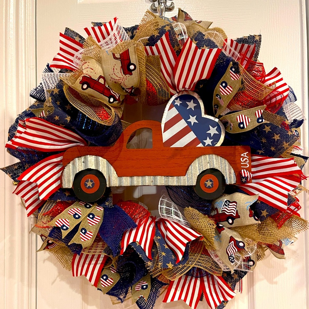 “Red Truck” Patriotic WREATH Red, White and Blue wreath 26” VERY FULL! JULY 4th